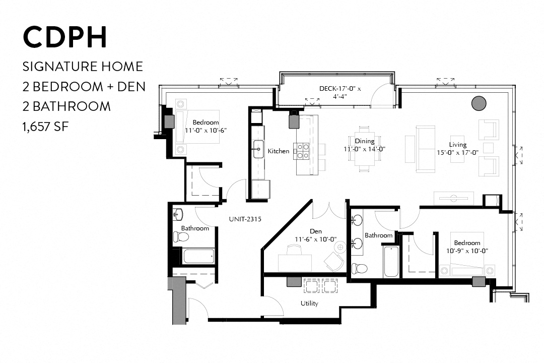 Floor plan for 2 beds, 2 baths, 1657 sqft